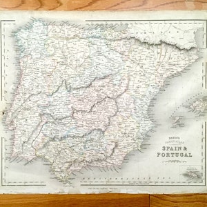 Antique 1848 Espagne - Portugal Carte de Betts Family Atlas - Lisbonne, Porto, Gibraltar, Madrid, Barcelone, Malaga, Valence, Séville Ibiza EUR