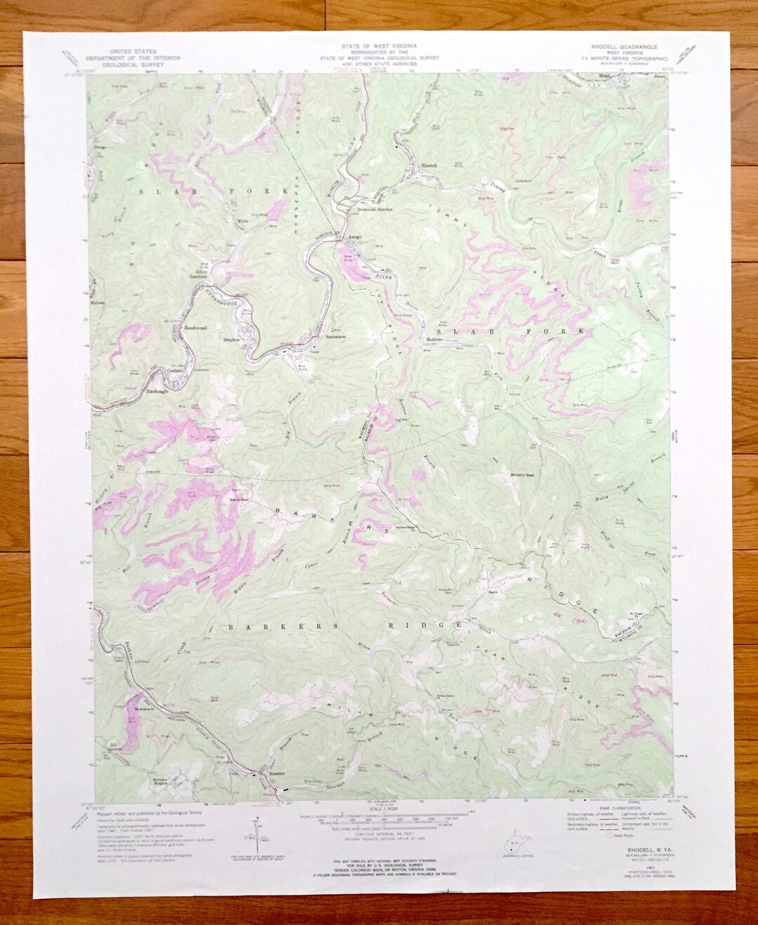 Antique Rhodell, West Virginia 1967 US Geological Survey Topographic Map Raleigh, Wyoming County