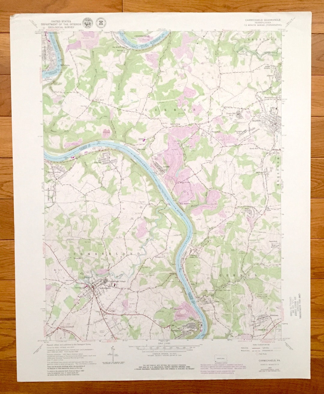Antique Carmichaels, Pennsylvania 1964 US Geological Survey Topographic Map Republic, German