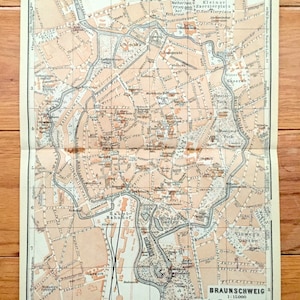 Antike 1925 Braunschweig, Deutschland Karte von Baedekers Führer Atlas – Braunschweig, Schloss, Denkmal, Niedersachsen, Oker Fluss, Mittelalter, Kaserne