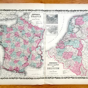Antik 1864 Frankreich, Holland & Belgien Karte von Johnson and Ward – Paris, Amsterdam, Brüssel, Rotterdam, Nantes, Lyon, Düsseldorf, Luxemburg