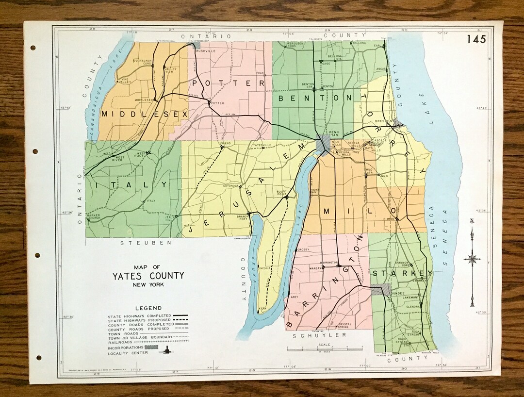 Antique Yates County New York 1941 Historical Atlas Map Etsy