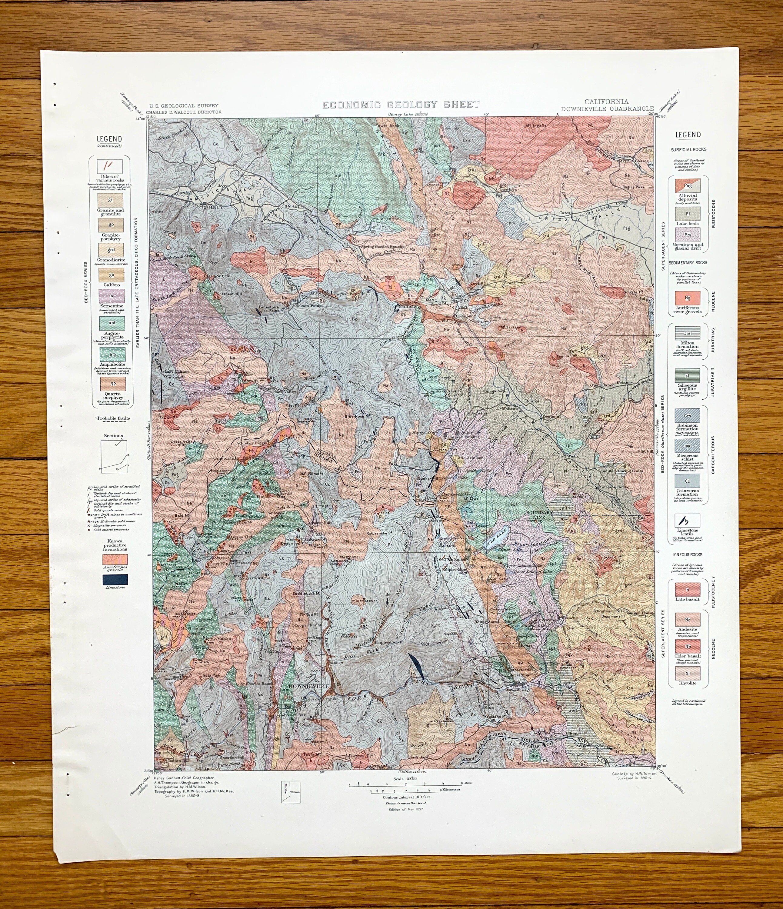 Antique Downieville, California 1897 US Geological Survey Topographic Map – Sierra, Plumas County, Quincy, Gibsonville, Sierra City, CA