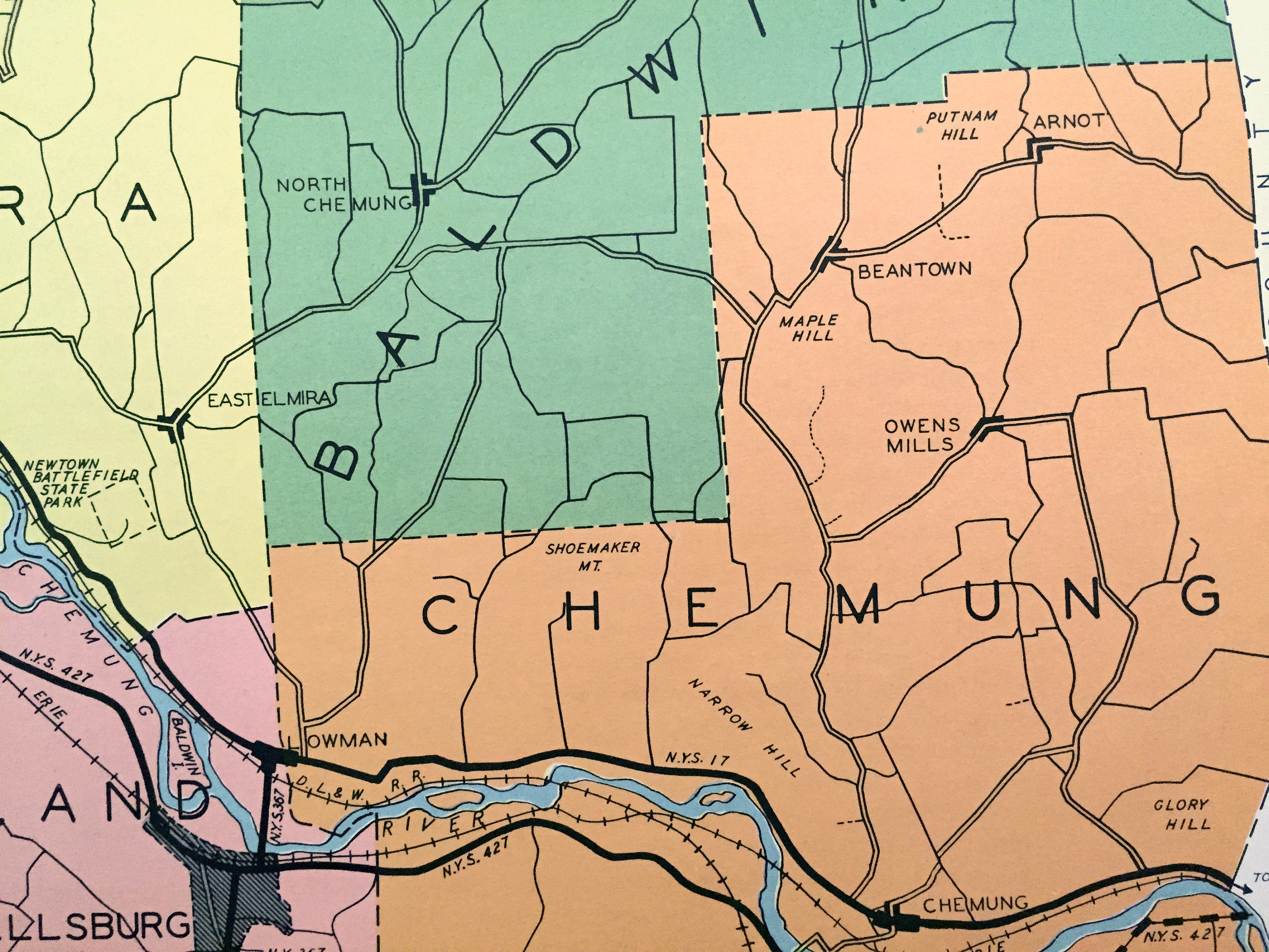 Antique Chemung County, New York 1941 Historical Atlas Map Elmira, Horseheads, Big Flats