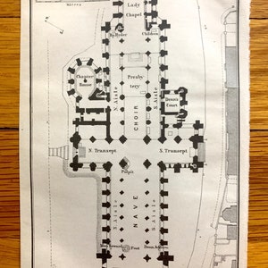 Antique 1906 Lichfield Cathedral Architectural Plan from Baedekers Atlas of Great Britain – Staffordshire, England, Shropshire, Midlands