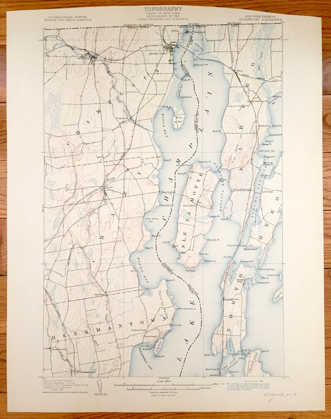 Antique Rouses Point, New York 1907 US Geological Survey Topographic