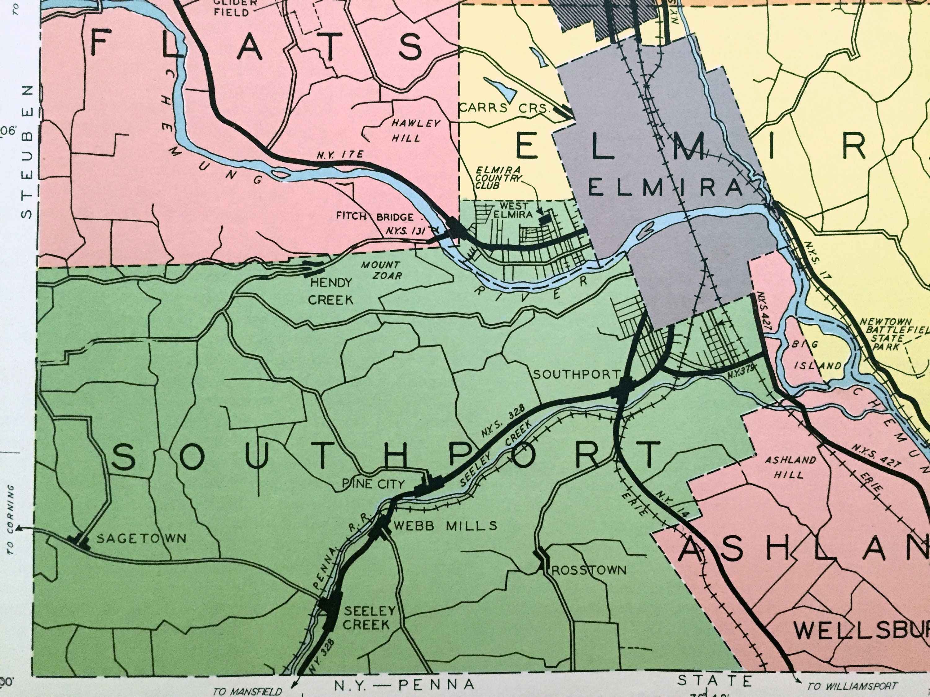 Antique Chemung County, New York 1941 Historical Atlas Map Elmira, Horseheads, Big Flats