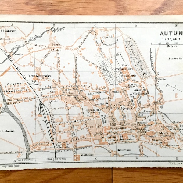 Antique 1909 Autun, France Map from Baedekers Guide Atlas – Saone-et-Loire department, Bourgogne-Franche-Comte, Augustodunum, Roman Theater