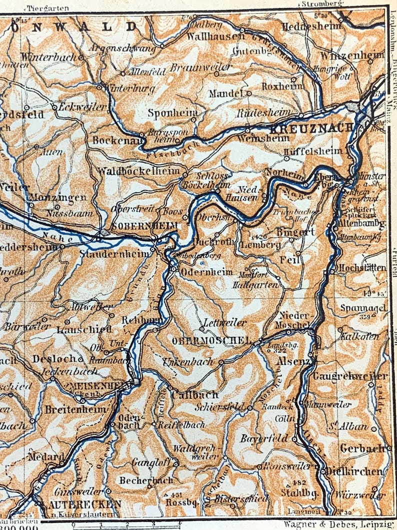 Antique 1911 Bad Kreuznach, Germany Map From Baedekers Guide Atlas