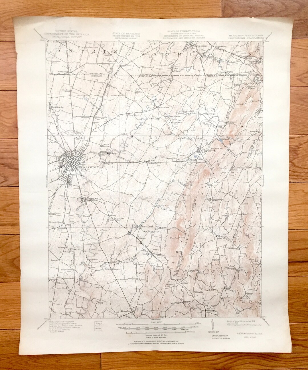 Antique Hagerstown, Maryland 1912 US Geological Survey Topographic Map