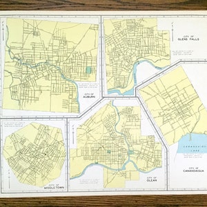 Antique Auburn, Glens Falls, Middletown, Olean & Canandaigua, New York 1941 Carte historique de la ville d’Atlas – Cayuga, Comté de Warren, NY