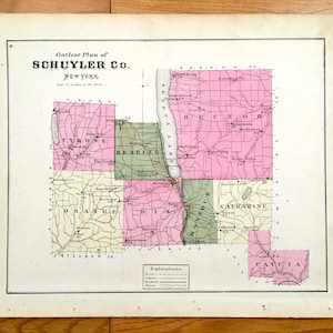 Antik 1874 Schuyler County, New York Karte von Pomeroy, Whitman & Co. Atlas – Watkins Glen, Finger Lakes, Tyrone, Montour Falls, Odessa