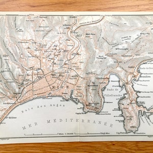 Mapa antigo de Nice, França, 1914, do Baedekers Guide Atlas - Costa do Mar Mediterrâneo, Riviera Francesa, Beaulieu, Gairaut, La Bauma, Magnan, Cap