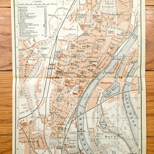 Antique 1925 Magdeburg, Germany Map from Baedekers Guide Atlas – Elbe River, Sudenbur, Horn, Buckau, Zitadelle, Saxony-Anhalt, medieval