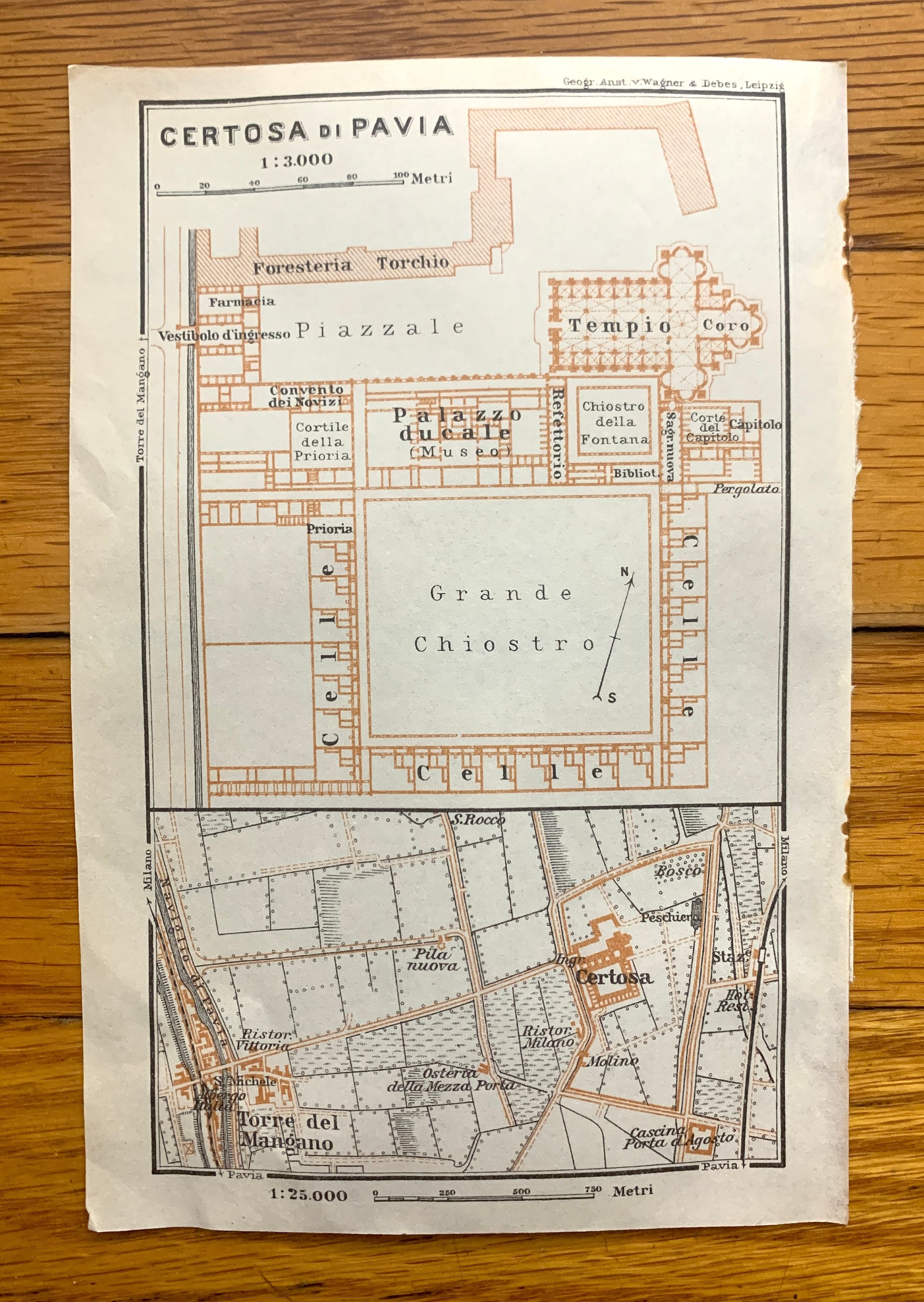 Antique 1913 Certosa di Pavia, Italy Map from Baedekers Guide – Lombardy, Monastery, Torre del Mangano, Naviglio di Pavia, Piazzale, Italia