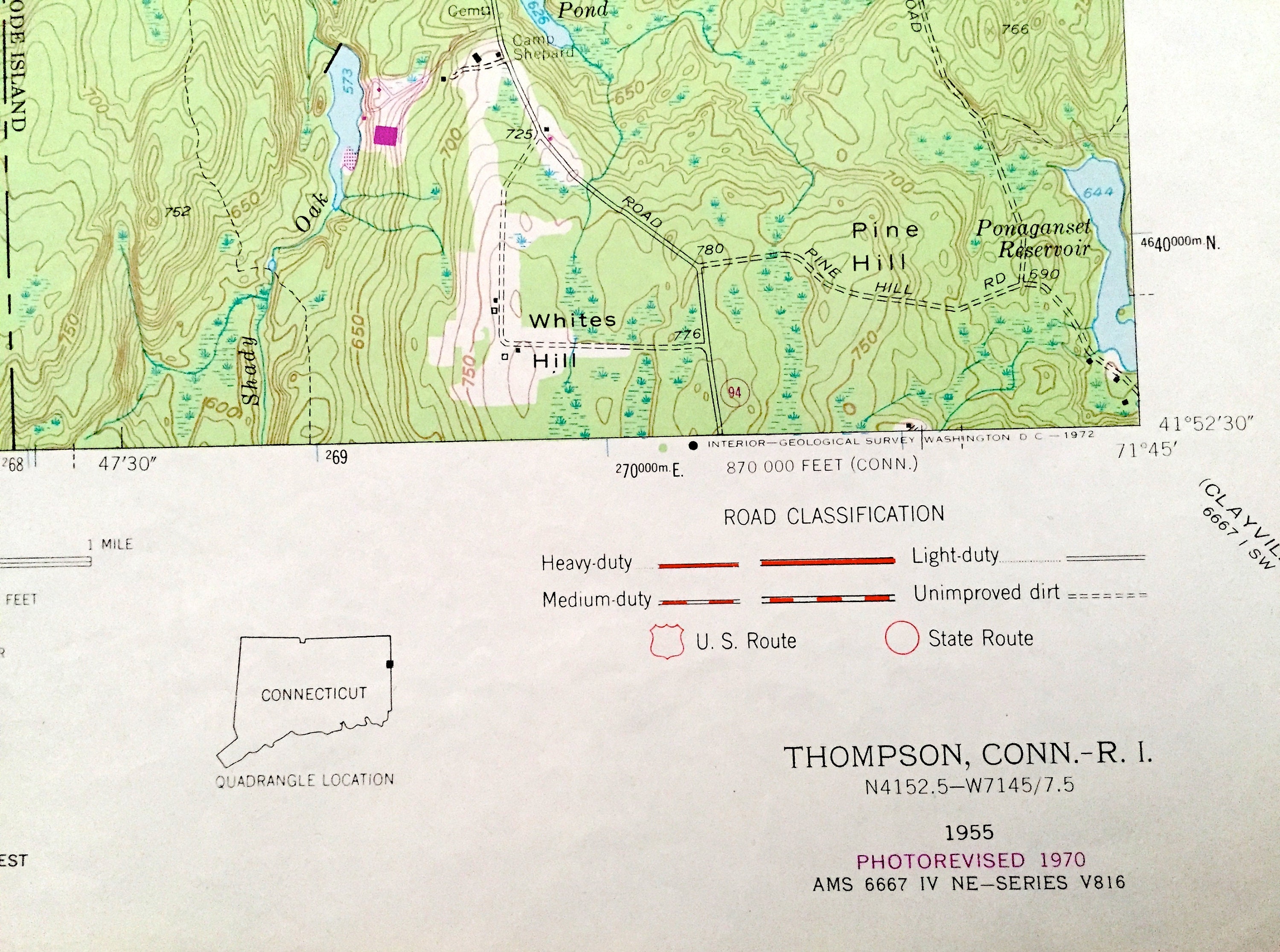 Antique Thompson, Connecticut 1945 US Geological Survey Topographic Map