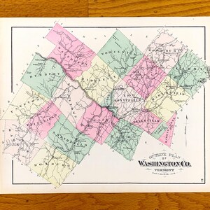 Antike Karte von Washington County, Vermont, 1873 von FW Beers & Company Atlas - Montpelier, Barre, Green Mountains, Camels Hump, Waterbury, VT