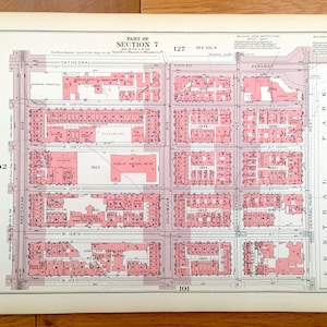 Antique Manhattan, New York City Mappa dal Manhattan Land Book di Bromley del 1955 – Upper West Side, Central Park, Valley, Lenox Hill, New York