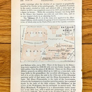 Mapa antiguo de 1911 del Ayuntamiento de Frankfurt (Alemania) de Baedekers Guide Atlas: Hesse, montañas Taunus, río Meno, edificio municipal