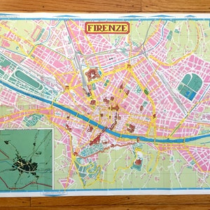 Antieke 1960 Florence, Italië Picturale Kaart van Aziendo Autonoma Di Turismo – Firenze, Toscane, Rivier arno, Uffizi, Michelangelo, Duomo