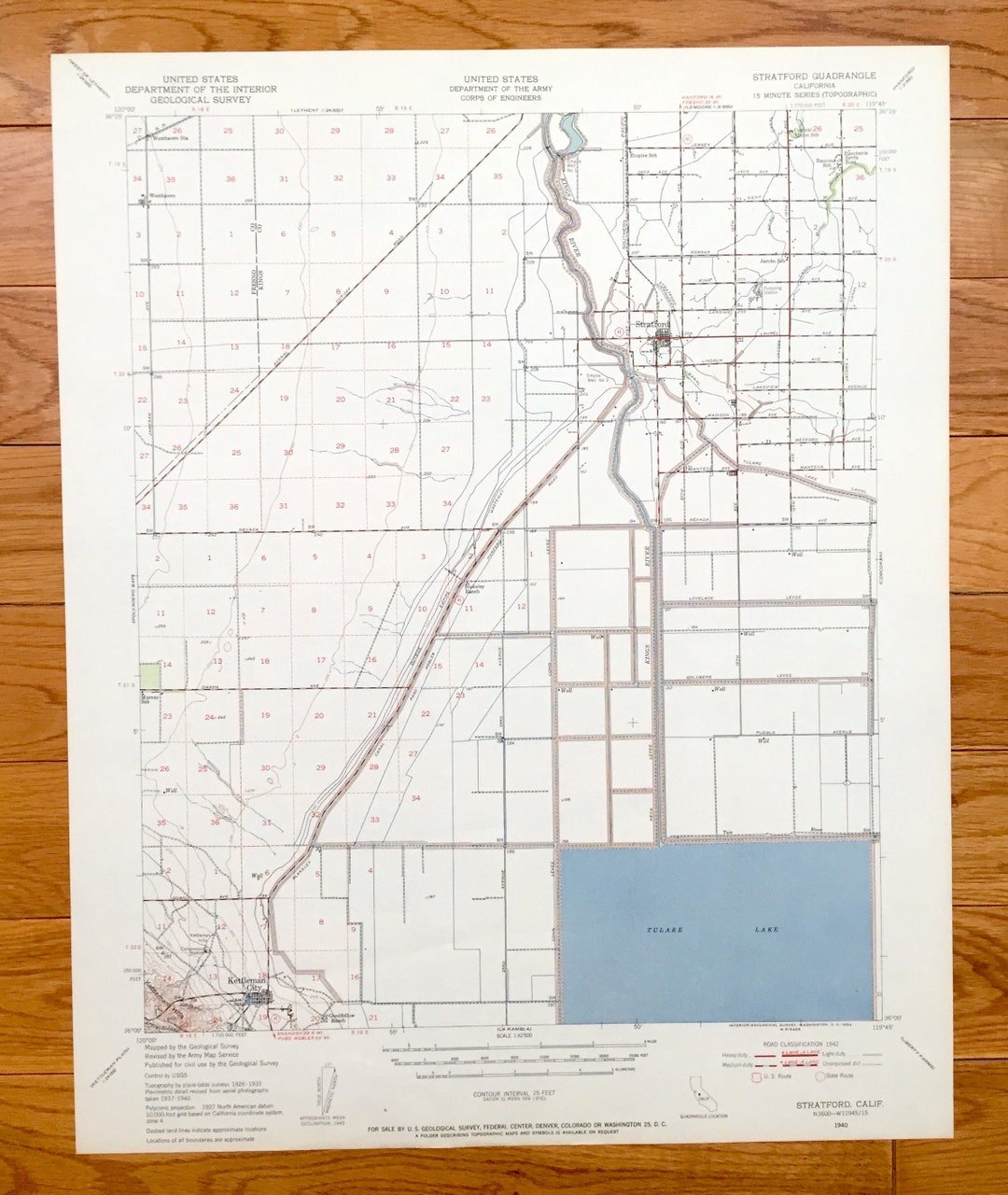 Antique Stratford, California 1940 US Geological Survey Topographic Map