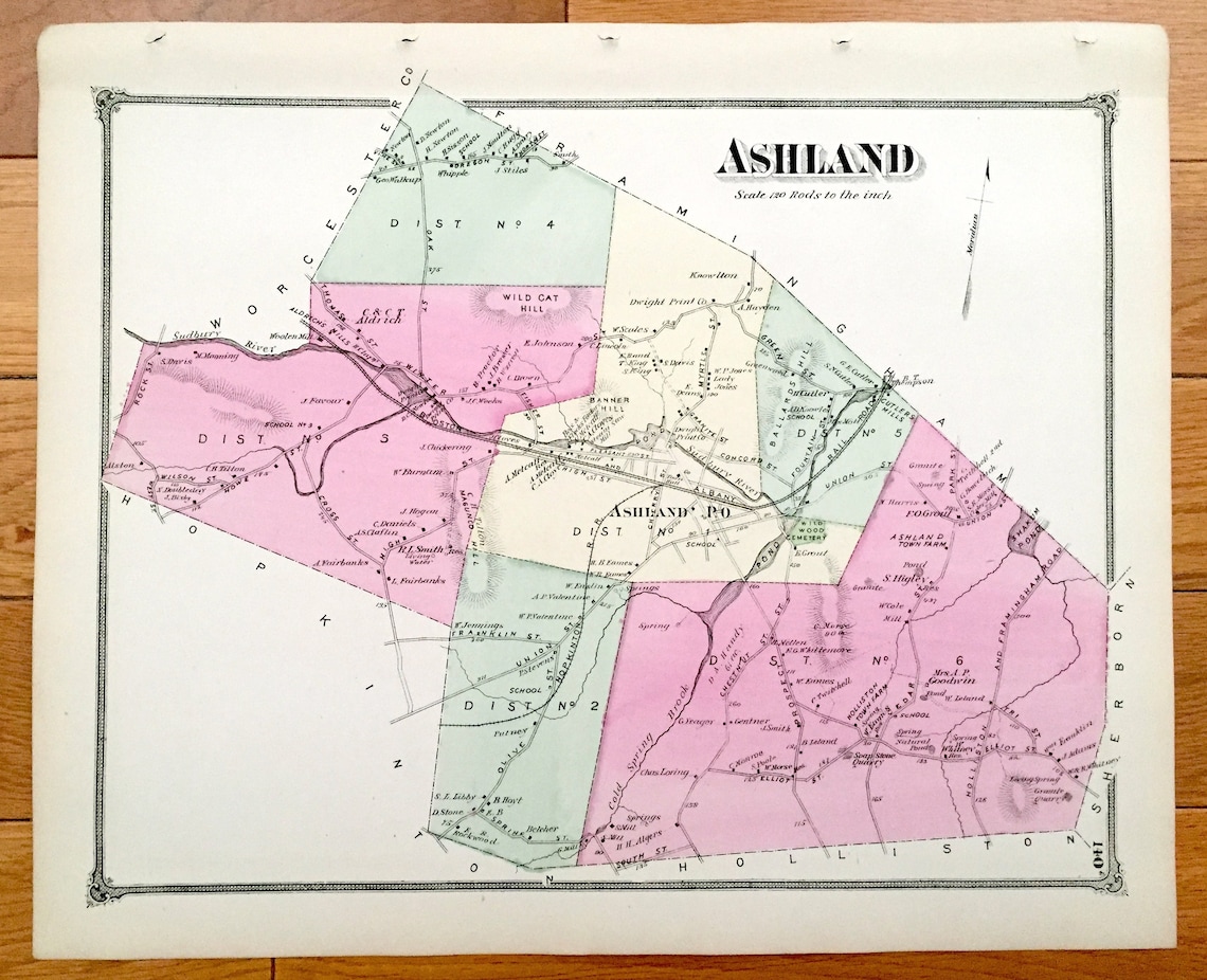 Antique 1875 Ashland Massachusetts Map From J.B. Beers Atlas Etsy
