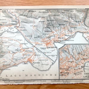 Antik 1904 Locarno Karte von Baedekers Guide – Lago Maggiore, Alpen, Losone, Ascona, Muralto, Gordola, Versico, Brione, Minusio