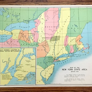 Antica mappa pre-coloniale di New York del 1941 dall'Atlante storico dello Stato di New York di WP Munger - Manhattan, Long Island, Adirondacks, Boston NY