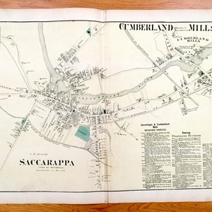 Antik 1871 Saccarapa, Maine Karte von F.W. Beers Atlas of Cumberland County – Westbrook, Cumberland Mills, Presumpscot River, Deering, ME