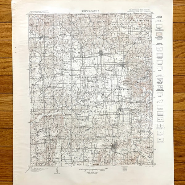 Antique Fayetteville, Arkansas 1904 US Geological Survey Topographic Map –  Bentonville, Benton, Washington County, Rogers, Hobbs Park MO AR