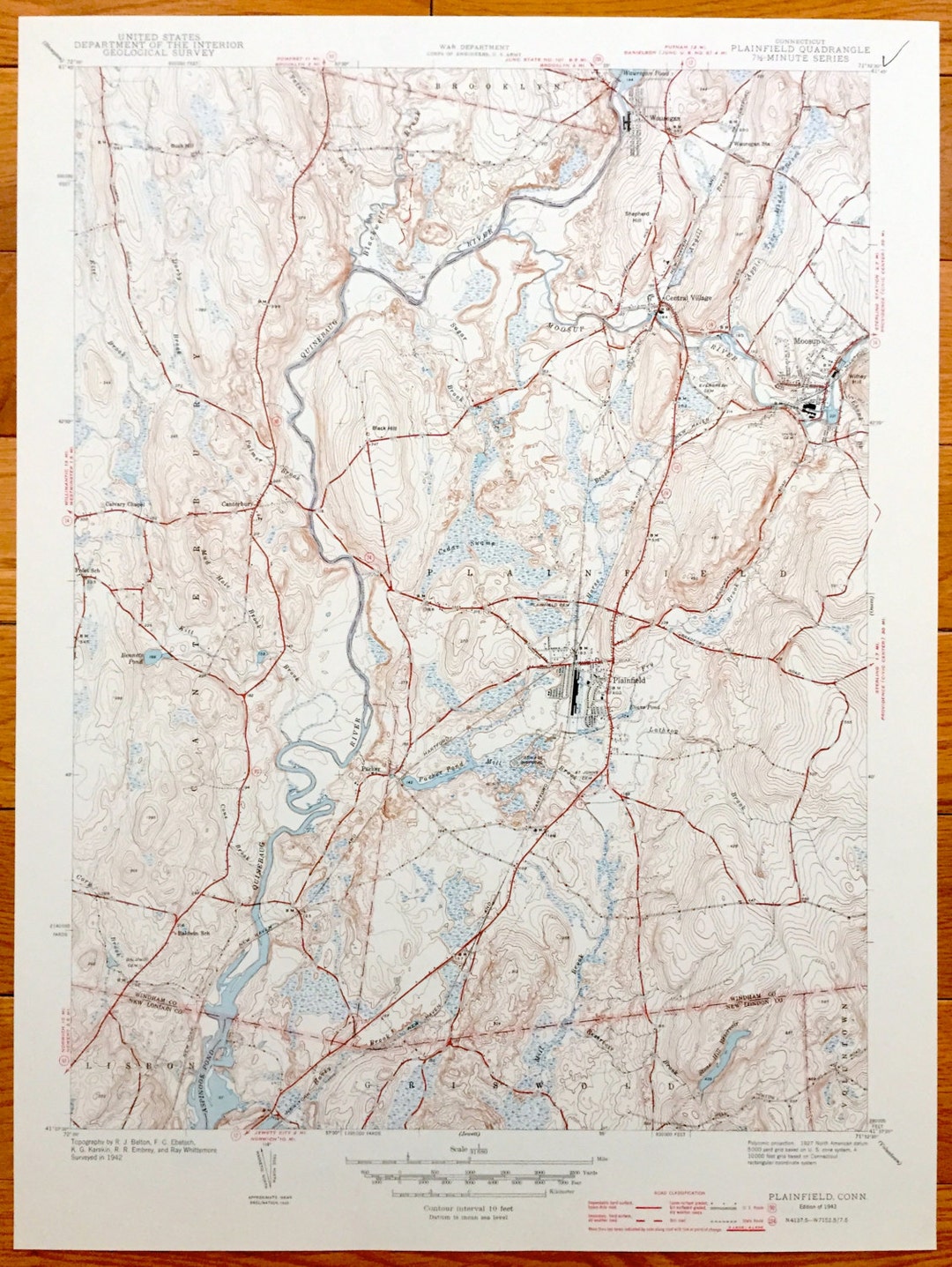 Antique Plainfield, Connecticut 1943 US Geological Survey Topographic