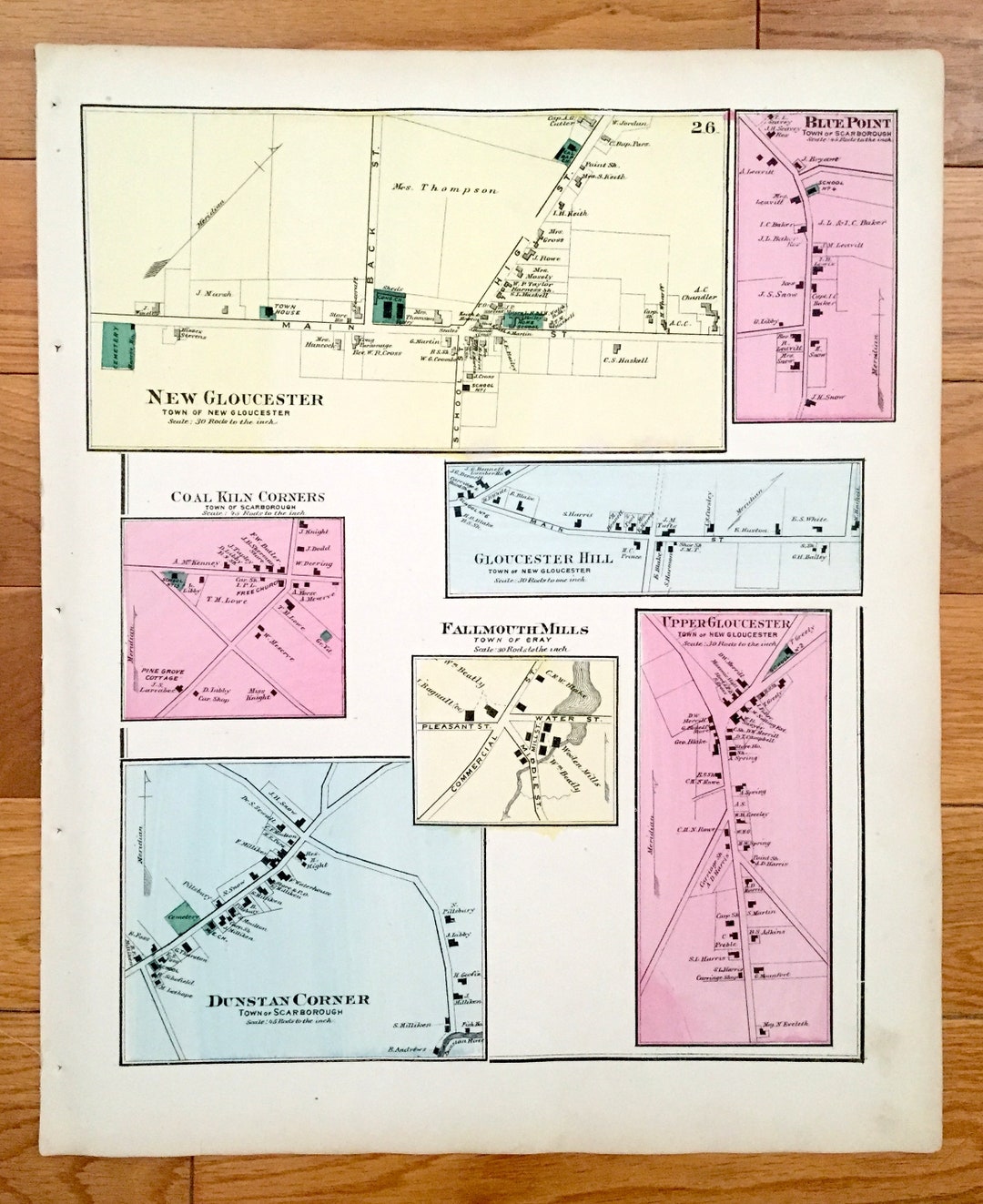 Antique 1871 New Gloucester, Maine Map From F.W. Beers Atlas of