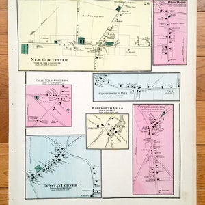 Antik 1871 New Gloucester, Maine Karte von F.W. Beers Atlas of Cumberland County – Scarborough, Grau, Blauer Punkt, Kohleofen, Dunstan Corner