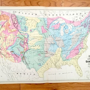 Antike 1874 Geologische Formationen Karte der Vereinigten Staaten von O.W. Grays Atlas der Vereinigten Staaten; Stedman, Brown & Lyon — USA Amerika