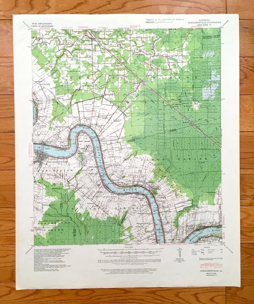Antique Donaldsonville, Louisiana 1939 US Geological Survey Topographic