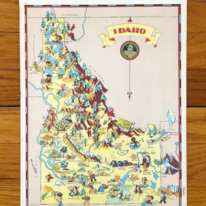 Antyczna mapa stanu Illinois z 1938 r. z Our Gay Geography autorstwa Ruth Taylor – Chicago, Waukegan, hrabstwo Cook, Springfield, Galena, Peoria Elgin IL