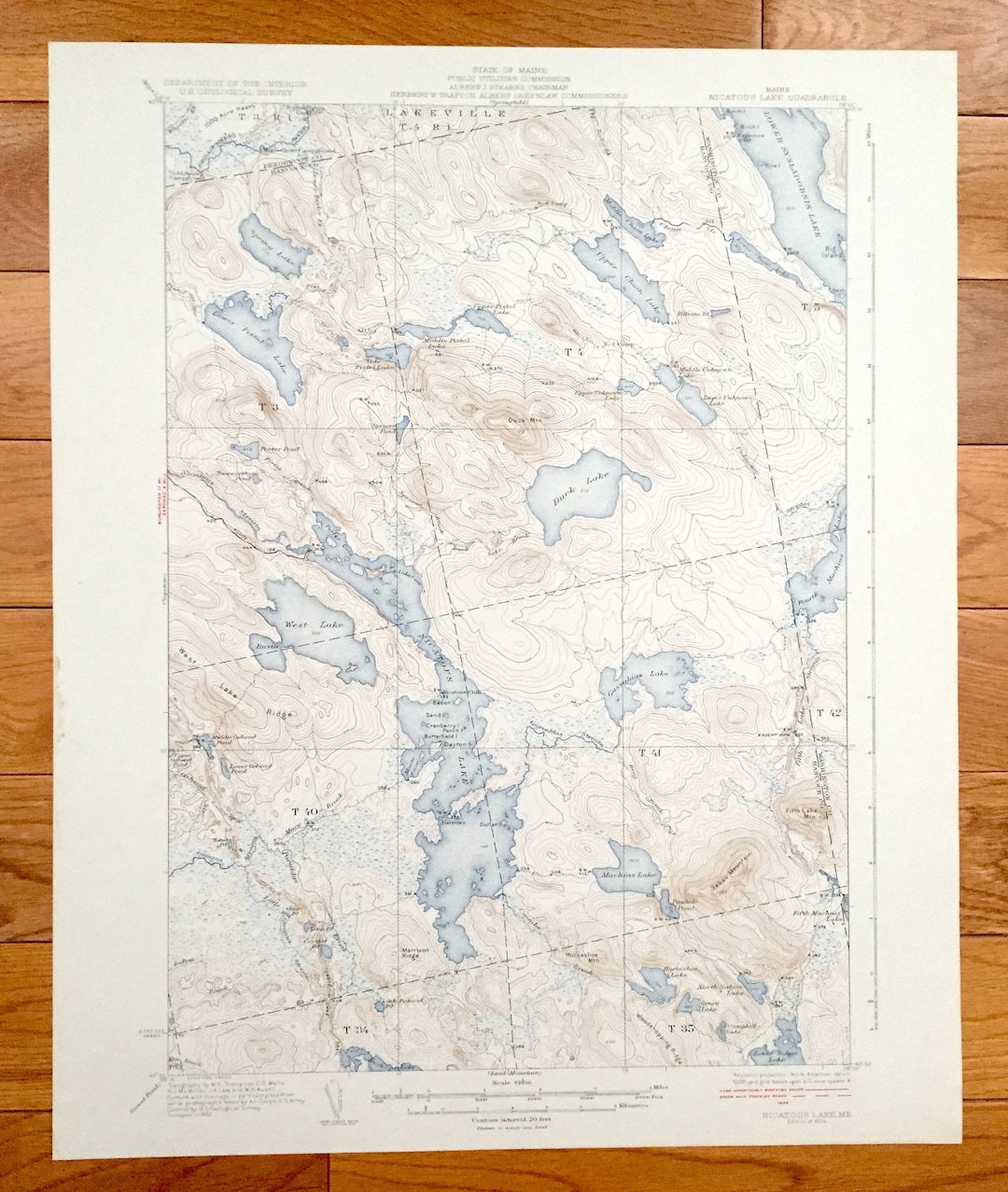 Antique Nicatous Lake, Maine 1934 US Geological Survey Topographic Map