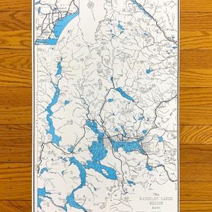 Antike handgefertigte Landkarte vonRangeley Lakes Region, Maine Werbung – Mooselookmeguntic, Aziscoos, Umbagog, Oxford, Franklin County, Appalachian, ME