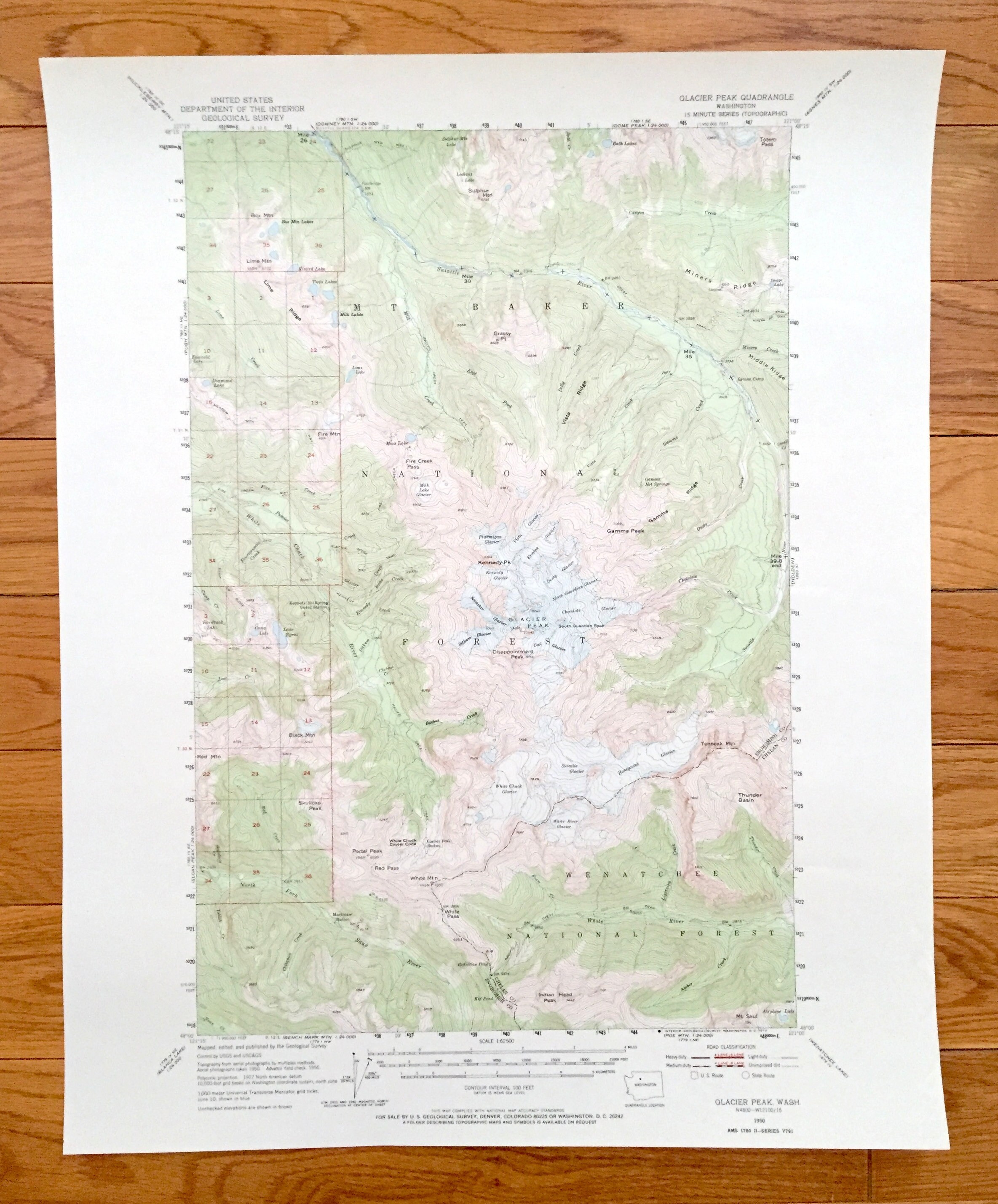 Antique Glacier Peak, Washington 1950 US Geological Survey Topographic Map – Chelan, Snohomish County, Mt Baker National Forest, Wenatchee