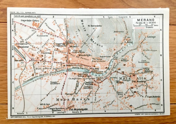 アンティーク 1937 年メラーノ、イタリア地図、ミュアヘッドのブルー