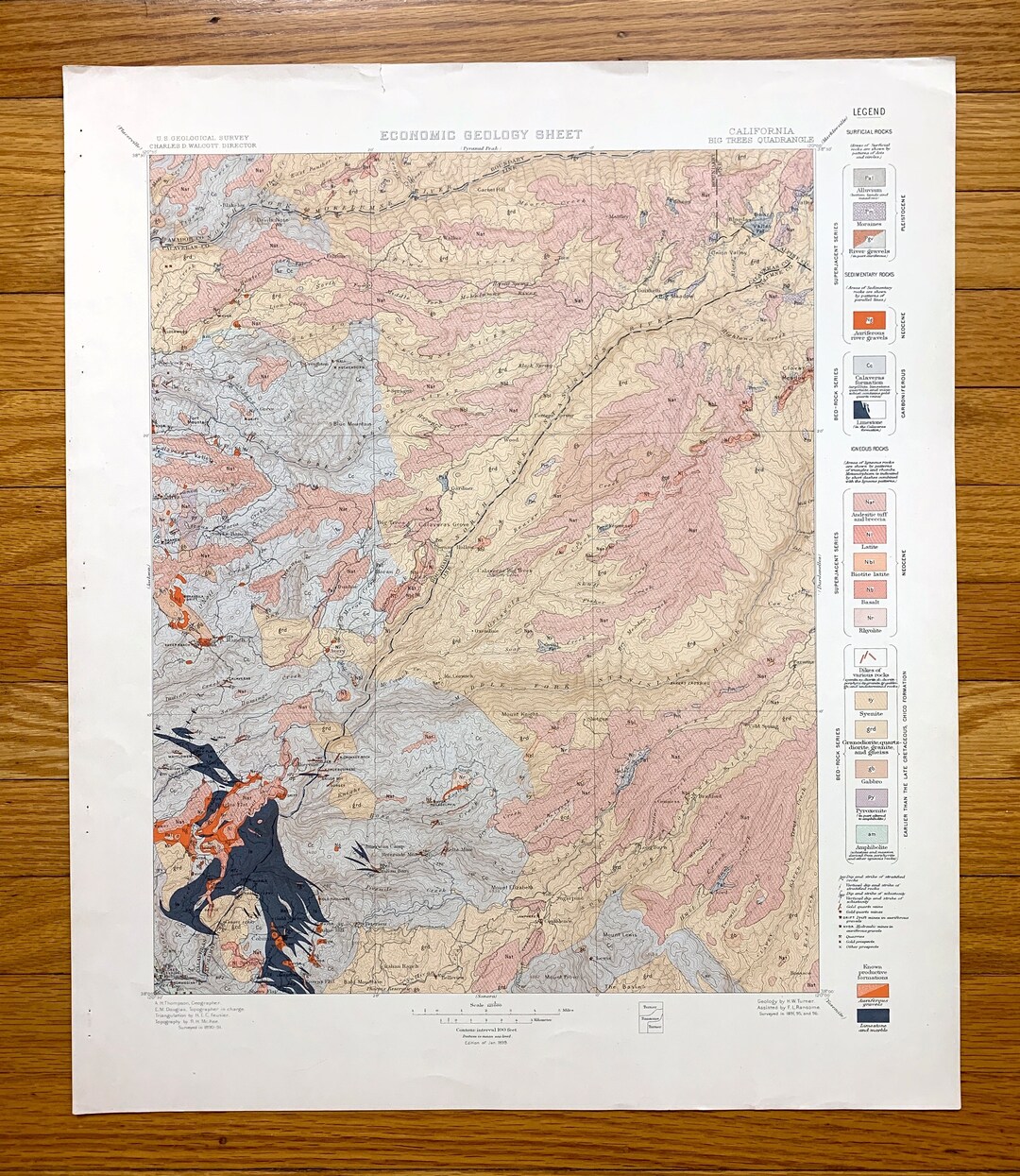 Stan State Tree Map Antique Big Trees, California 1899 US Geological Survey Topographic Map ...