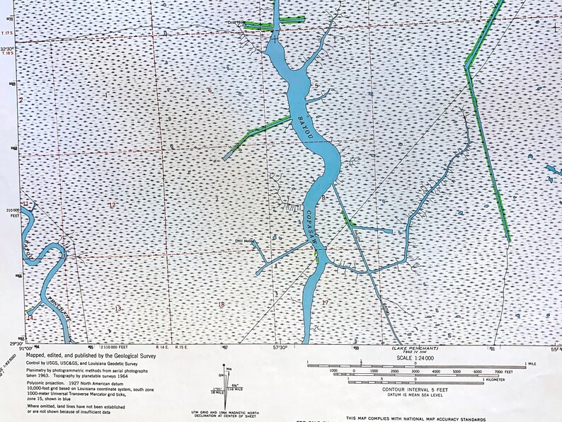 Antique Bayou Cocodrie, Louisiana 1964 US Geological Survey Topographic ...
