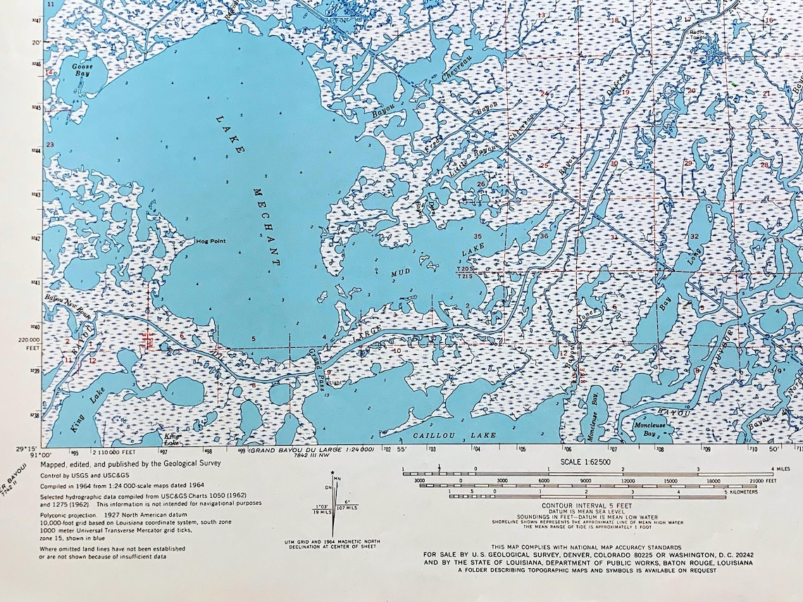 Antique Bayou Du Large, Louisiana 1964 US Geological Survey Topographic ...
