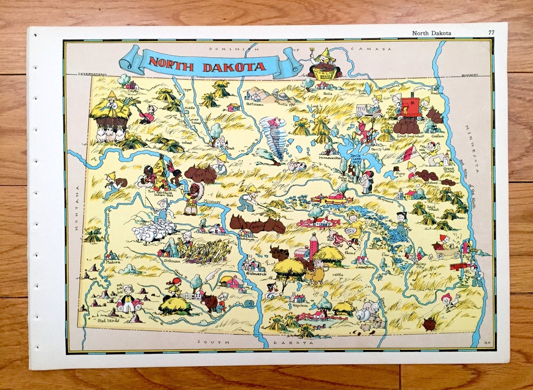 Antique 1935 North Dakota State Map From Our Gay Geography by Ruth