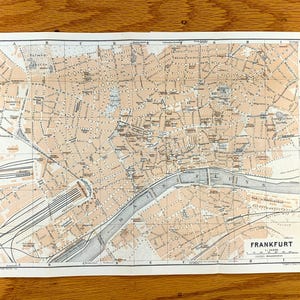 Mapa antiguo de Frankfurt, Alemania, de 1911, de Baedekers Guide Atlas: Hesse, río Meno, Rin-Meno, Rin-Ruhr, Universidad Goethe, banca