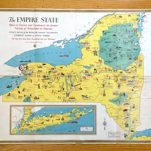 Antike 1932 New York State Pictorial Map von Everand A. McAvoc - Manhattan, Adirondacks, Catskills, Finger Lakes, Long Island, West Point NY