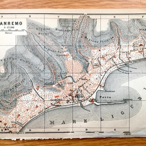 Antik 1904 Sanremo, Italien Karte von Baedekers Guide – Imperia, Ligurien, Villa Ormond, Casino, Mare Ligurio, Ariston Theater, San Remo