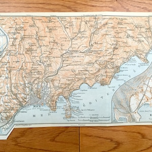 Antike 1914 Nizza Beaulieu, Frankreich Karte von Baedekers Guide Atlas – Carros, St. Laurent, Falicon, Tourette, Castagniers, Aspremont, Menton