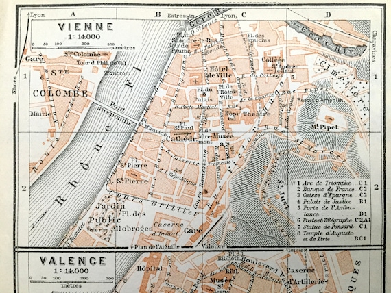 フランスアンティーク　MAP アンティーク 1914 ヴィエンヌとヴァランス、フランス、Baedekers