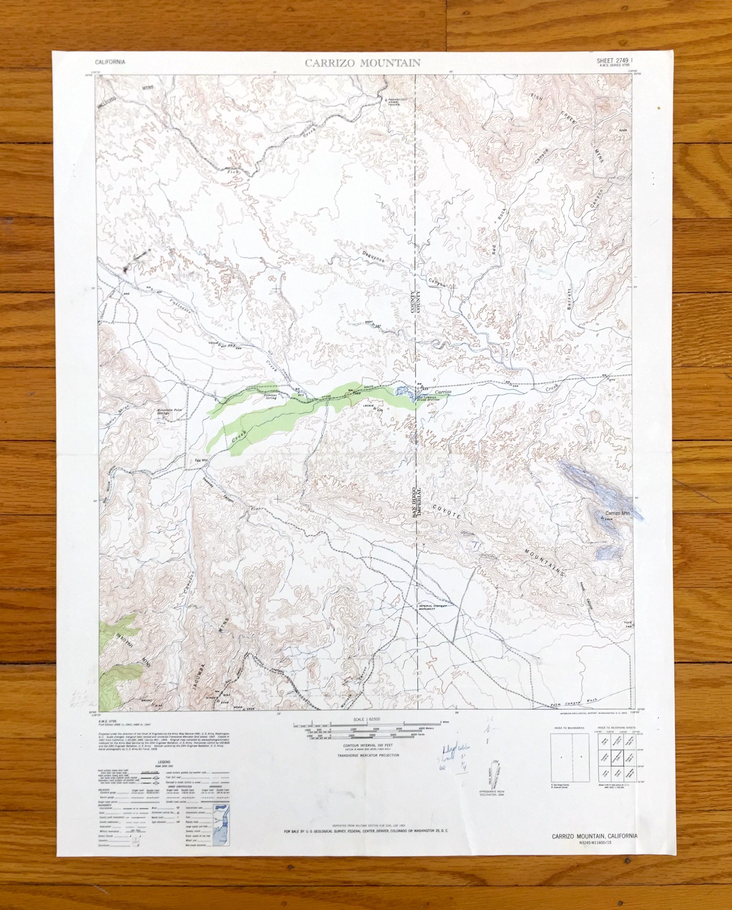 カリフォルニア州カリゾ山のアンティーク1952年米国地質調査所地形図
